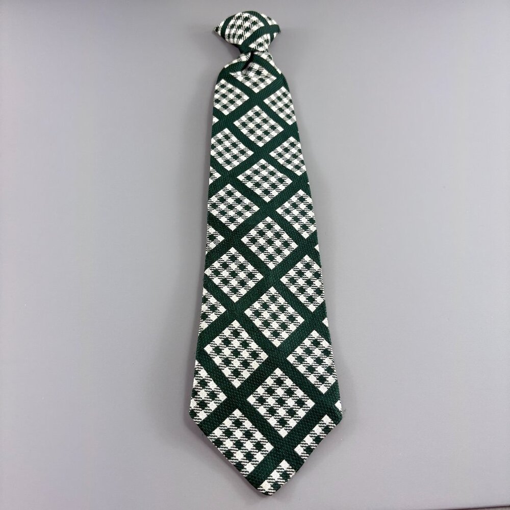 Prince Consort Golden Clasp Green / White Check Men's Clip on Tie 4" x 17" VTG